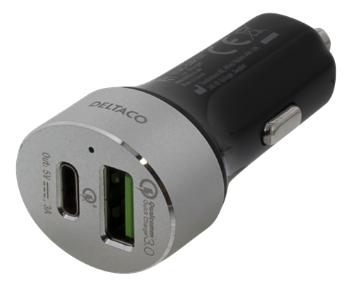 Deltaco billaddare med USB-C, Quick Charge 3.0, 6A, silver/svart