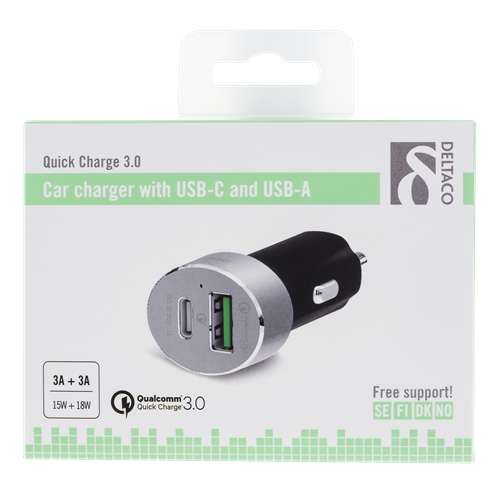 Deltaco billaddare med USB-C, Quick Charge 3.0, 6A, silver/svart