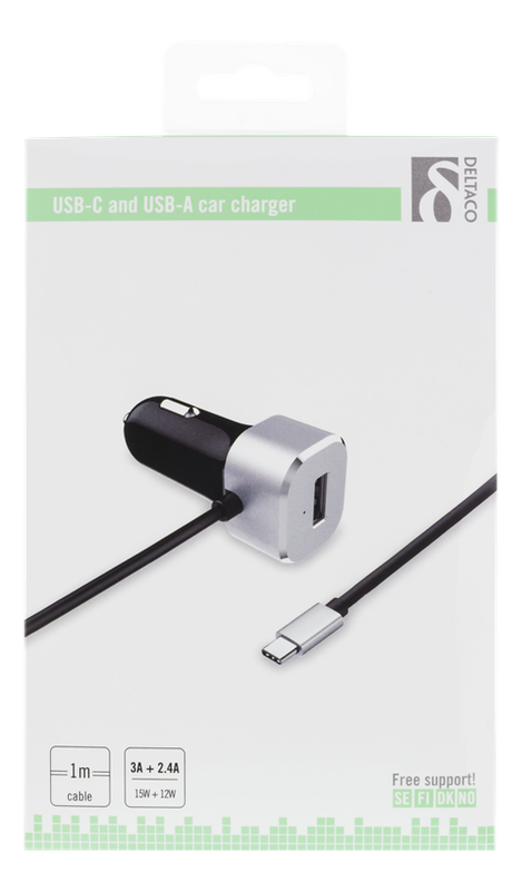 Deltaco USB-billaddare, 5.4A, 1xUSB-C ha, 1m kabel, svart/silver