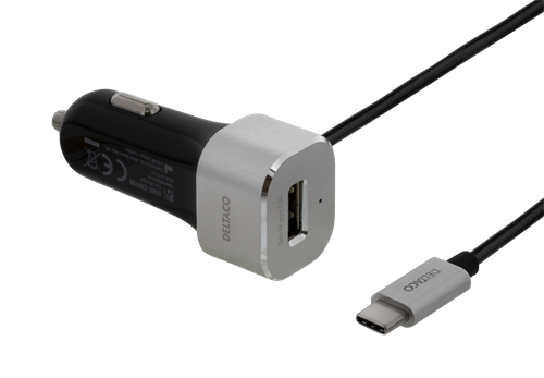Deltaco USB-billaddare, 5.4A, 1xUSB-C ha, 1m kabel, svart/silver