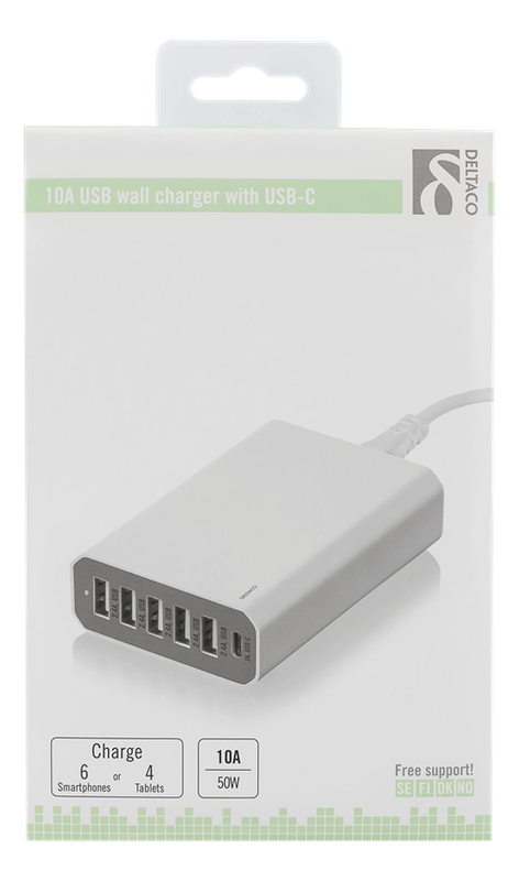 Deltaco USB-laddningsstation, 10A, 1xUSB-C ho, 5xUSB Typ A ho