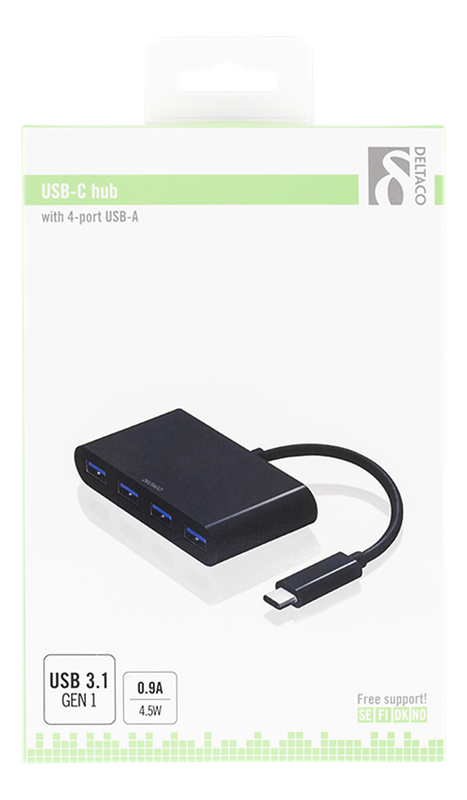 DELTACO USB 3.1 Gen 1-hubb, USB-C hane till 4xUSB Typ A hona