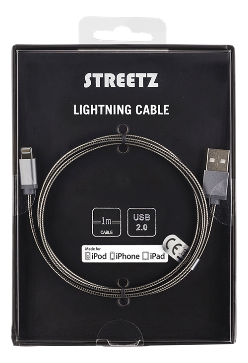 Streetz USB-synk/laddarkabel till iPad/iPhone, 1m, MFI, grå