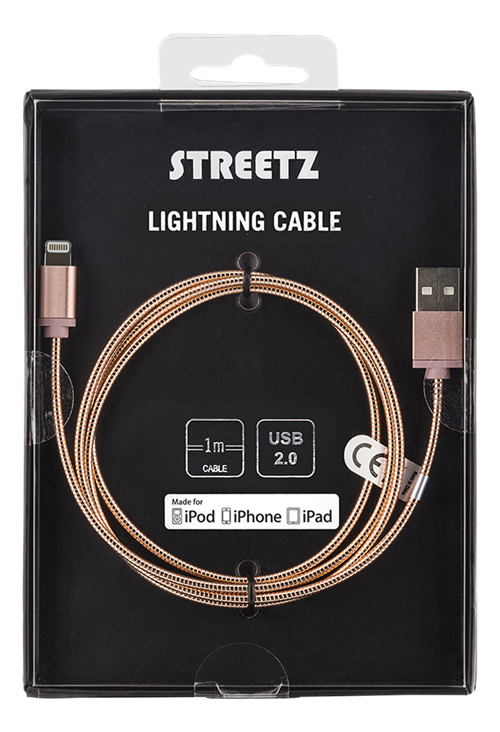 Streetz USB-synk/laddarkabel till iPad/iPhone, 1m, MFI, rosé