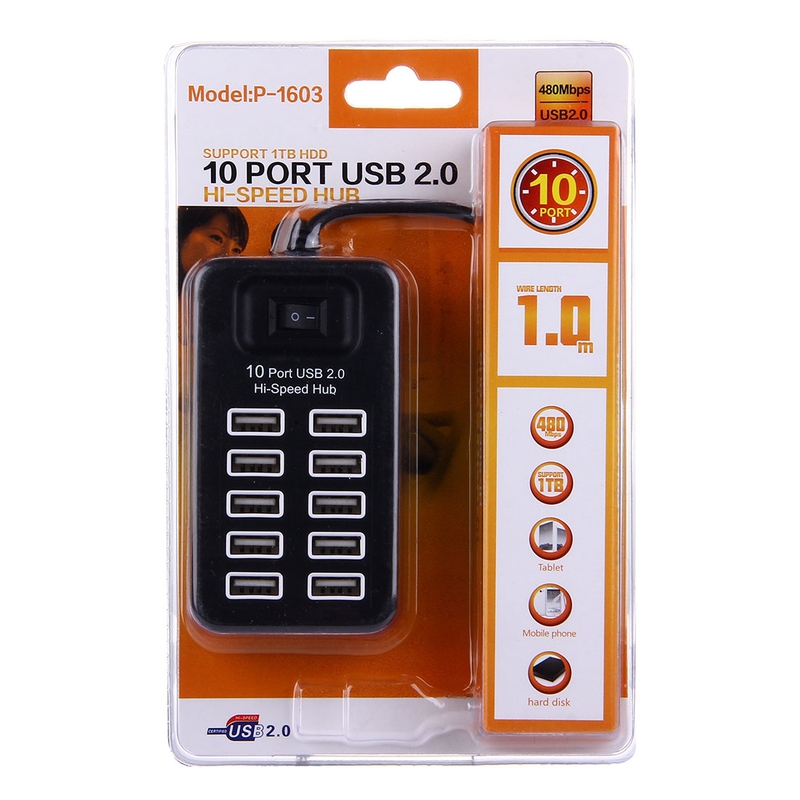 USB-hubb 10-portar, 2.0 high speed, 480 Mbps