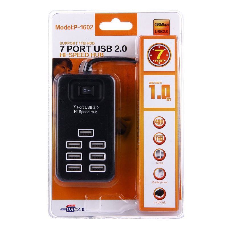 USB-hubb 7-portar, 2.0 high speed, 480 Mbps