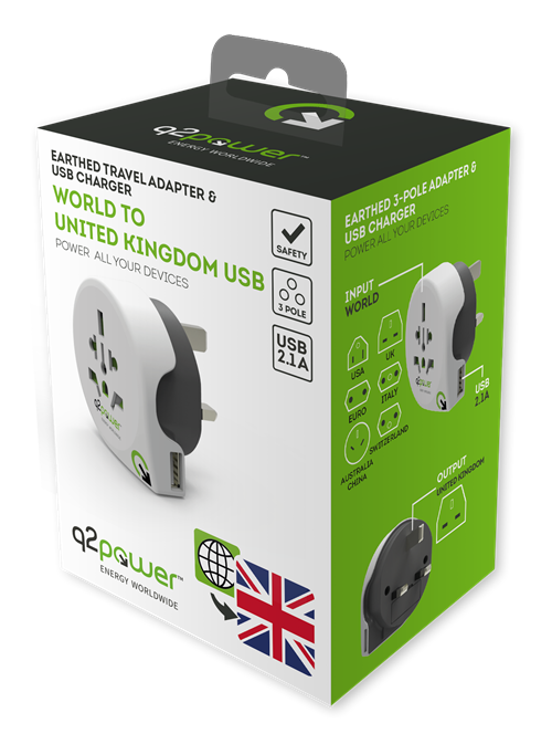 Q2power jordad reseadapter, 1xUSB, vit