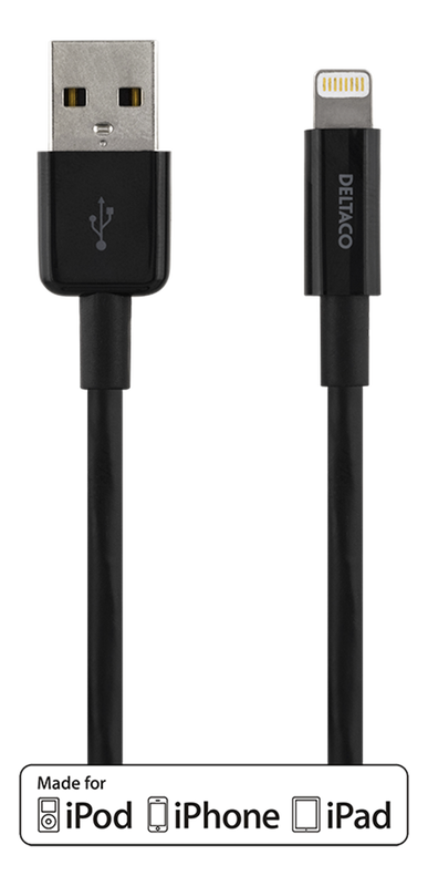 Deltaco USB-synk/laddarkabel iPad, iPhone och iPod, MFi, svart