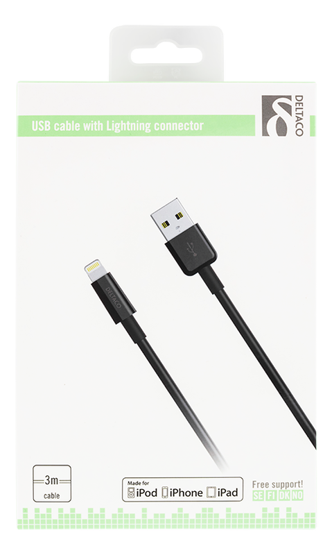 Deltaco USB-synk/laddarkabel iPad, iPhone och iPod, MFi, svart