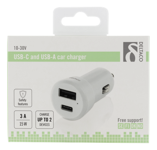 Deltaco USB-C och USB-A billaddare, 5V/3A/15W, vit