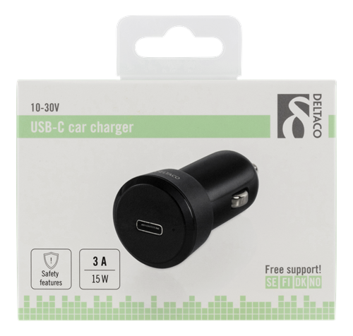 Deltaco USB-C Billaddare, 5V/3A/15W, svart