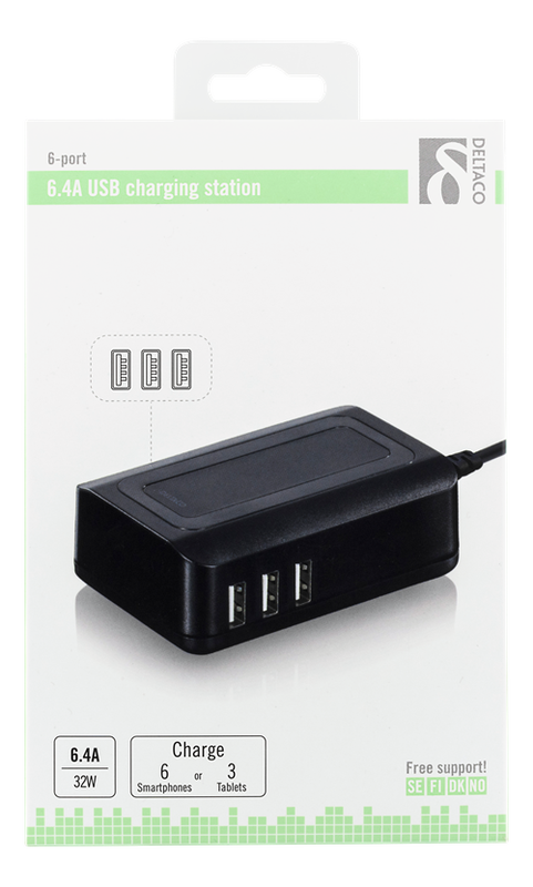 DELTACO USB laddningsstation, 6 USB-portar, 240V-5V USB, svart