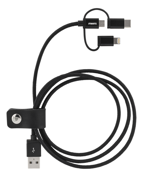 STREETZ 3i1 USB-synk/laddarkabel,universal,USB-2.0, svart