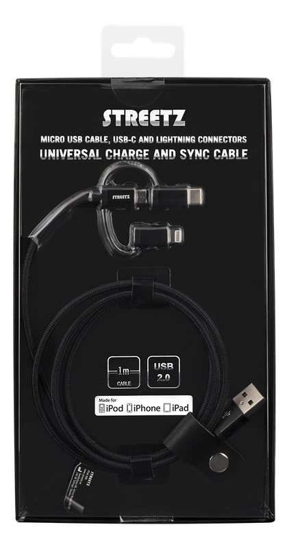 STREETZ 3i1 USB-synk/laddarkabel,universal,USB-2.0, svart