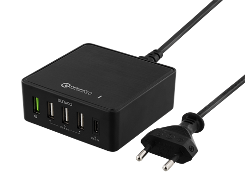 Quick Charge 3.0 väggladdare med USB-C,3xUSB-A,1xUSB-C, svart