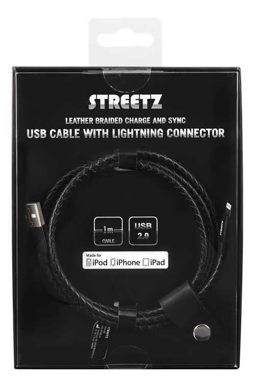 STREETZ USB-synk-/laddarkabel, 1m, svart läder