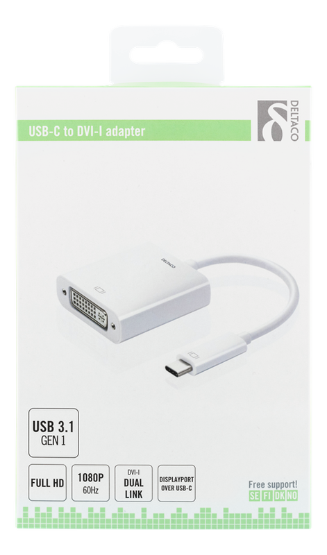 USB 3.1 typ C till DVI-adapter, 225MHz/2,25Gbps, 1080p, vit