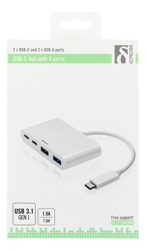 USB 3.1 typ-C till 2x typ-C och 2x typ-A adapter, 5Gbps, vit
