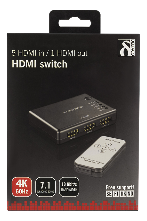 Deltaco HDMI-Switch, 4K, 60Hz, 7.1, svart