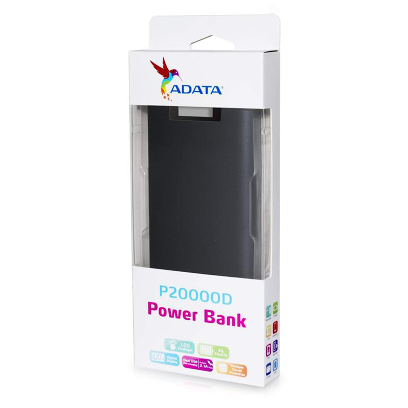 ADATA Powerbank 20.000mAh, med LCD-skärm/ficklampa, 2xUSB