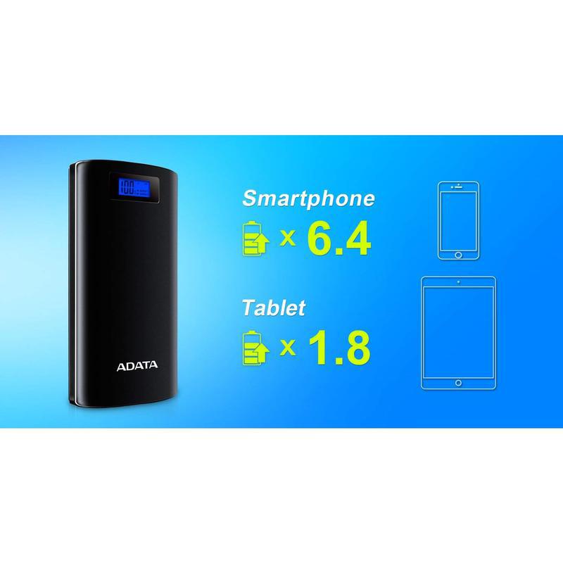 ADATA Powerbank 20.000mAh, med LCD-skärm/ficklampa, 2xUSB