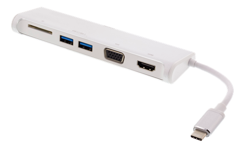 Deltaco USB-C hubb, 1x HDMI 4K at 30Hz, 1x VGA, vit