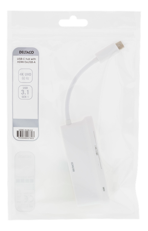 Deltaco USB-C hubb, 1x HDMI 4K at 60Hz, 3x USB-A 3.1, vit