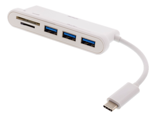 USB-C hubb, 3x USB-A 3.1, 1x SD port, 1x microSD port, vit