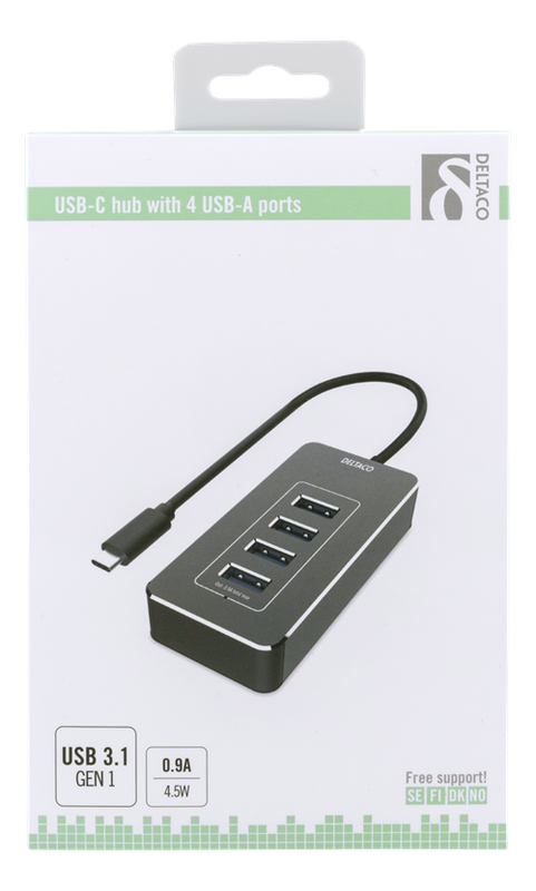 DELTACO USB-C hubb, 4x USB-A 3.1 5GGbps, 0.9A, rymdgrå