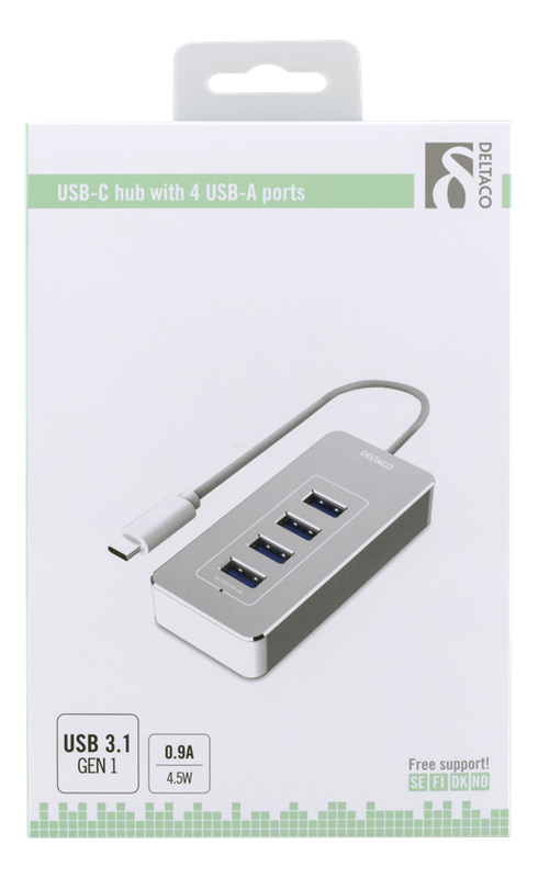 DELTACO USB-C hubb, 4x USB-A 3.1 5GGbps, 0.9A, silver