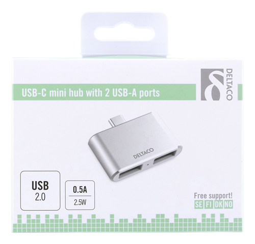 DELTACO USB-C mini hubb, 2x USB-A 2,0, 480 Mbps, 0,5A, silver