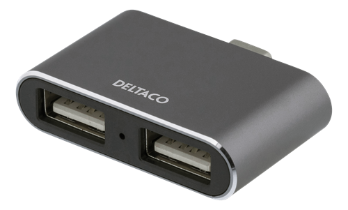 DELTACO USB-C mini hubb, 2x USB-A 2,0, 480 Mbps, 0,5A, rymdgrå
