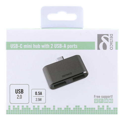 DELTACO USB-C mini hubb, 2x USB-A 2,0, 480 Mbps, 0,5A, rymdgrå