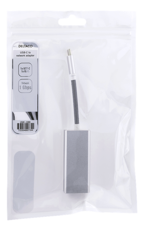 Deltaco PRIME USB-C nätverksadapter, Gigabit, RJ45, silver