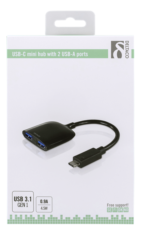 DELTACO USB-C mini hubb, 2x USB-A-portar 3.1, 5Gbps, 0,9A, svart