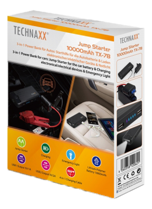 Technaxx nödstartare för bilbatteri, 10000 mAh power bank, 400A