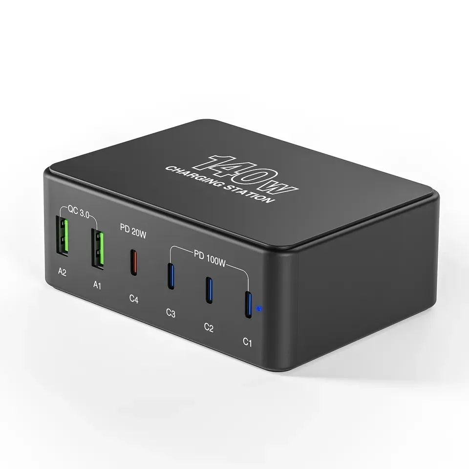 USB+USB-C Laddstation med 6 uttag, PD+QC3.0, 140W