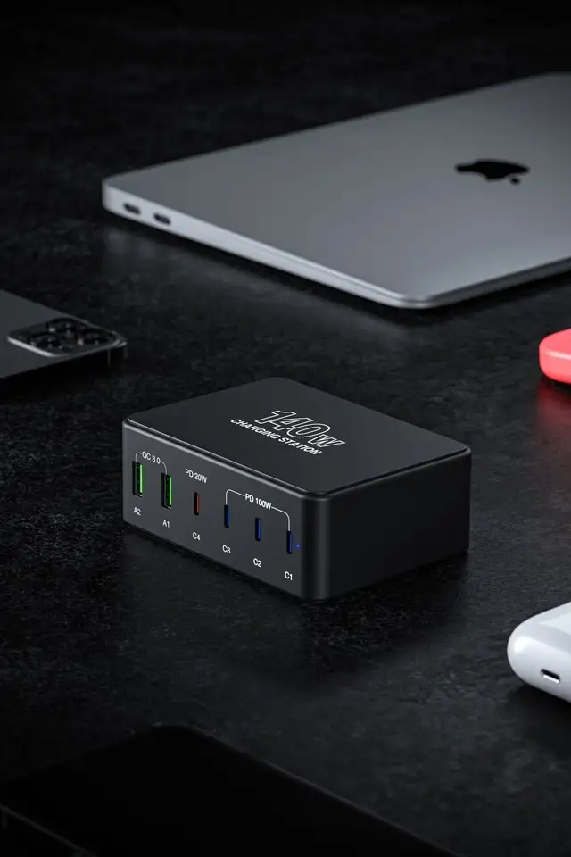 USB+USB-C Laddstation med 6 uttag, PD+QC3.0, 140W