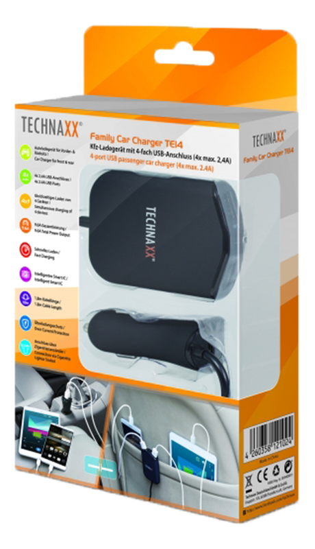 Technaxx Familje biladdare TE14, 4x USB-portar, 2,4A/port, svart