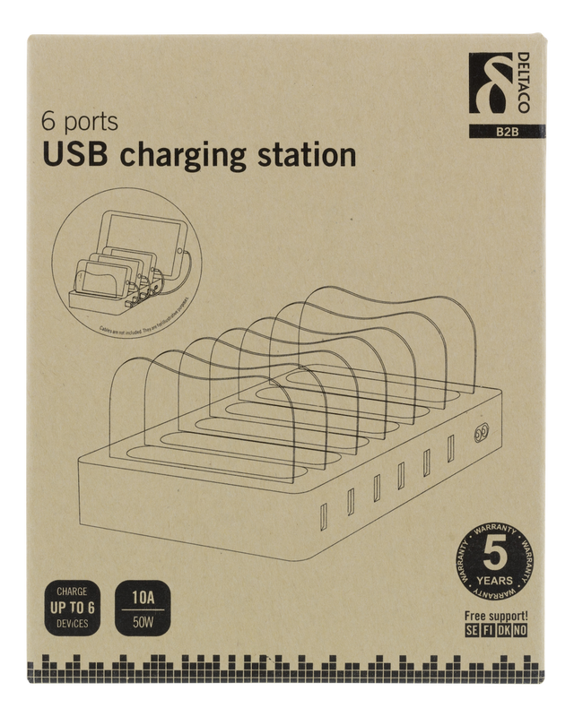 Deltaco USB-laddningsstation, 6xUSB-A portar, 5V DC, 10A, 50W