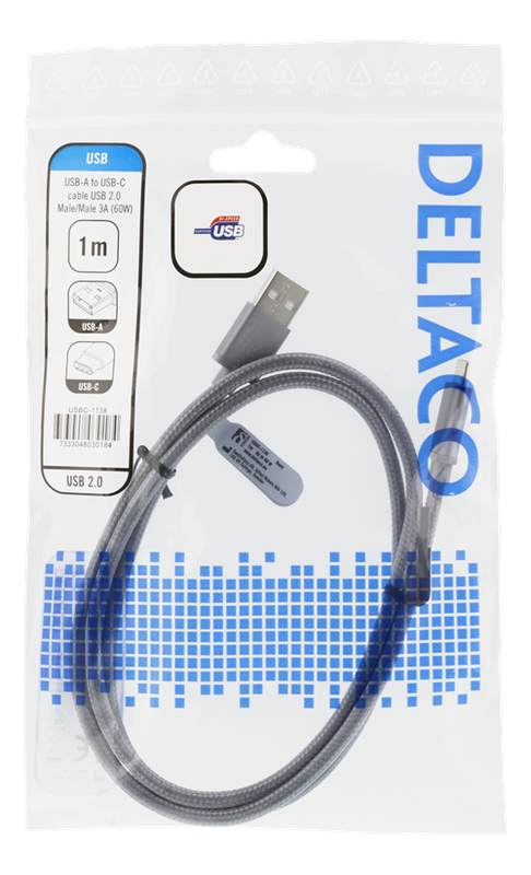 DELTACO USB 2.0 tygbeklädd, USB-C ha till USB-A ha, 1m, 3A