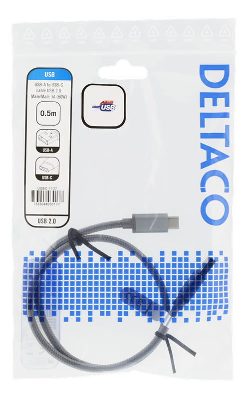 DELTACO USB 2.0 tygbeklädd, USB-C ha till USB-A ha, 0.5m, 3A