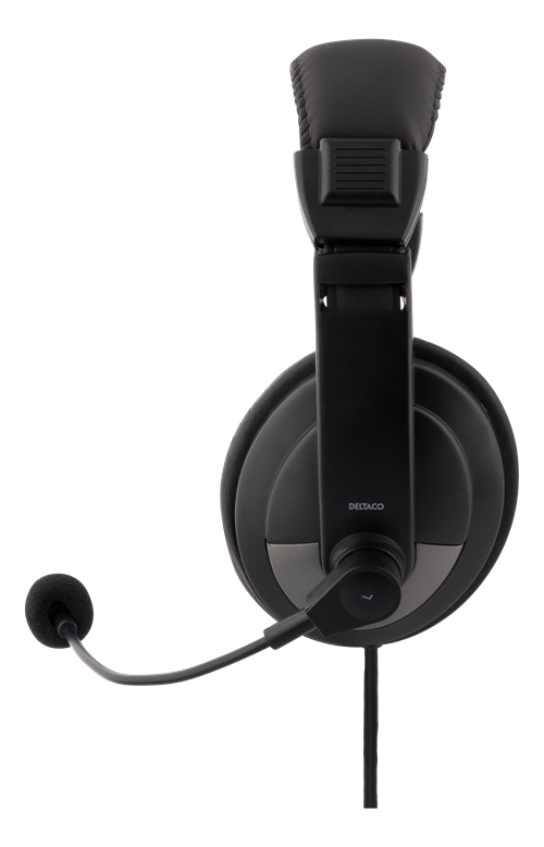 Deltaco over-ear headset med volymkontroll, 4-polig 3.5mm, svart