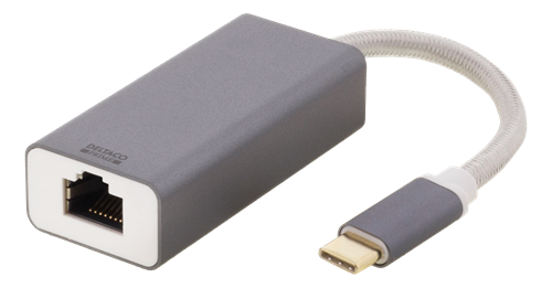 DELTACO USB-C nätverksadapter, Gigabit, 1xRJ45, 1xUSB-C hane