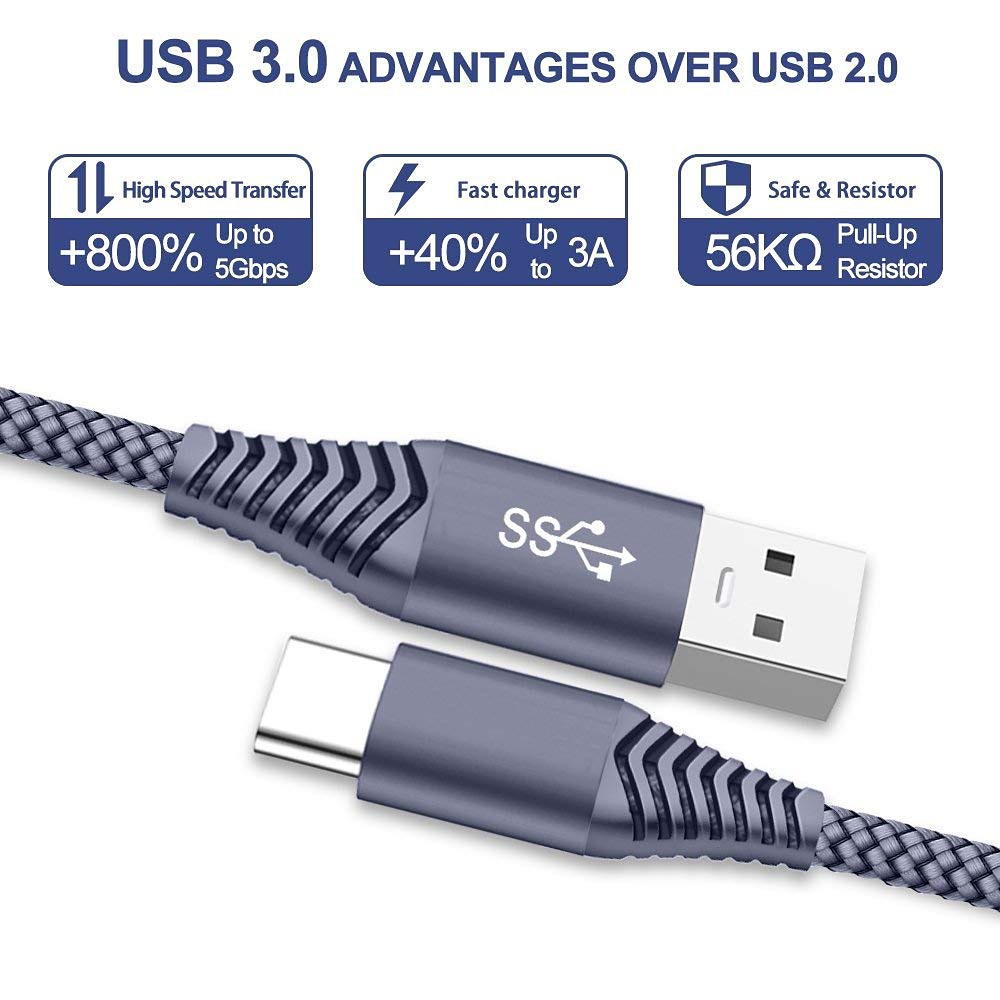 USB-C kabel 3.0, USB-A till USB-C snabbladdare, 1.8m, grå
