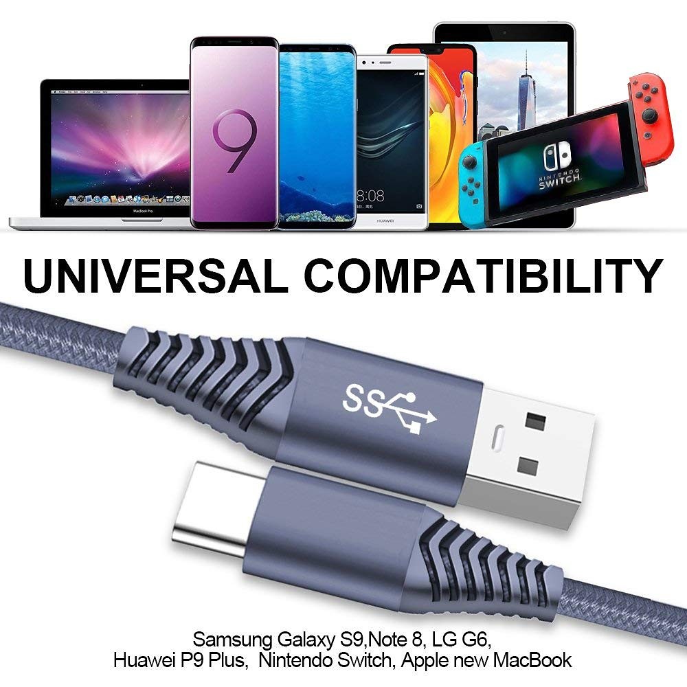 USB-C kabel 3.0, USB-A till USB-C snabbladdare, 1.8m, grå