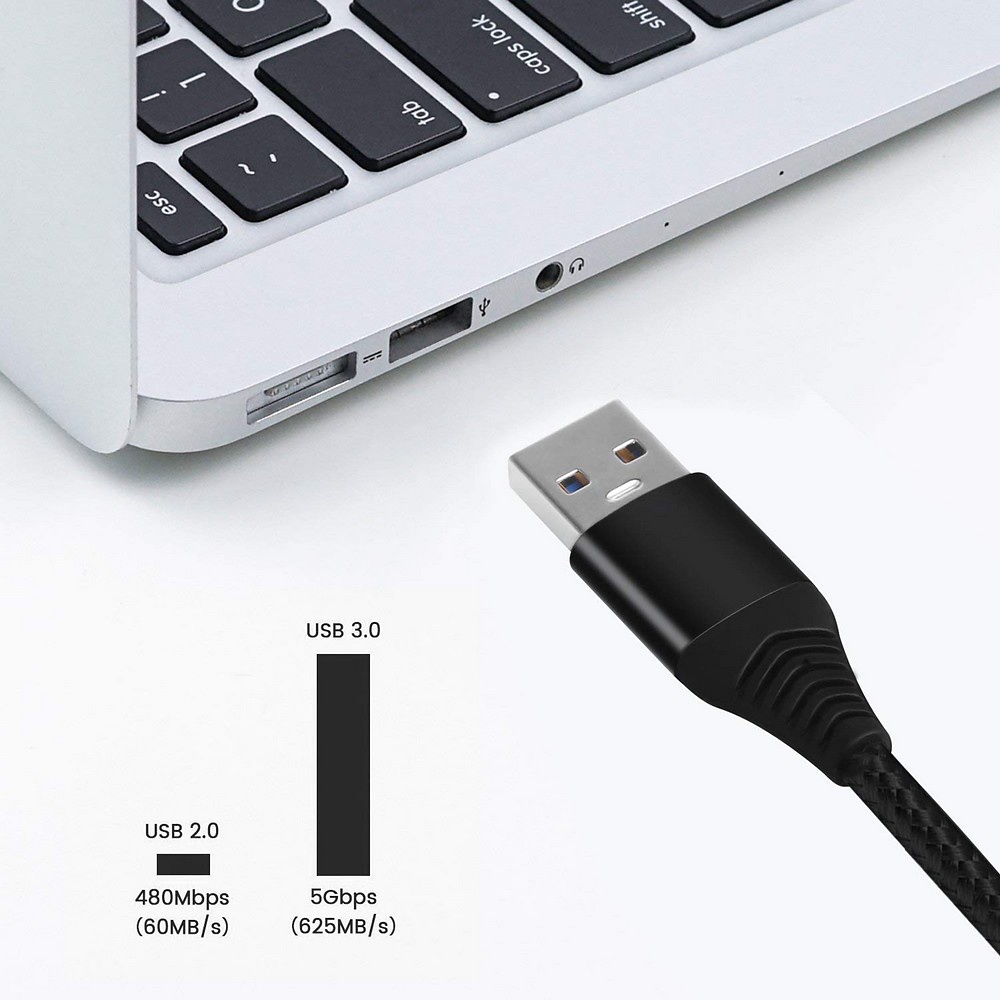 USB-C kabel 3.0, USB-A till USB-C snabbladdare, 1.8m, svart