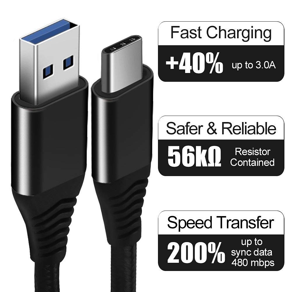 USB-C kabel 3.0, USB-A till USB-C snabbladdare, 1.8m, svart
