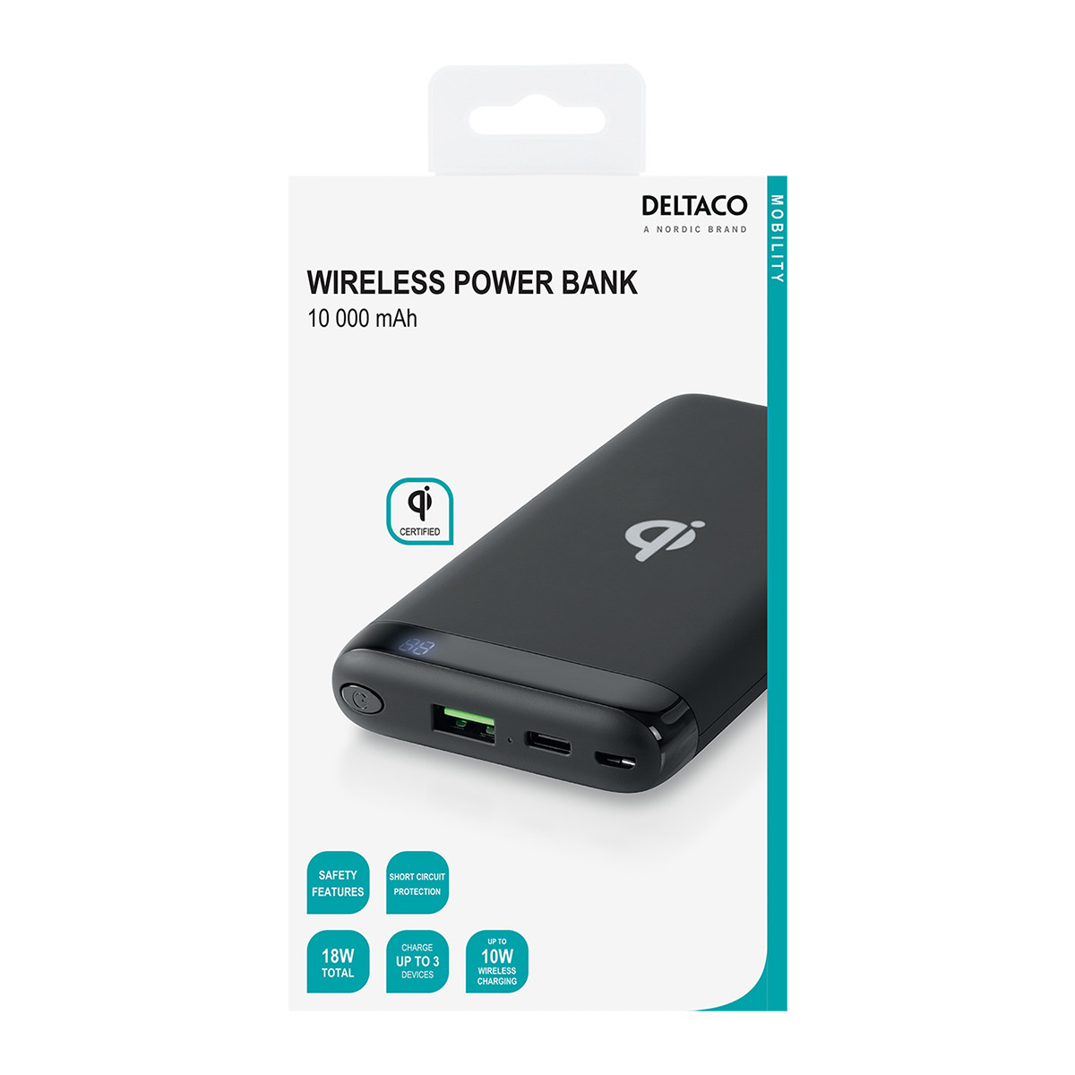 DELTACO Trådlös Powerbank med snabbladdning, PD, Qi, 10.000 mAh