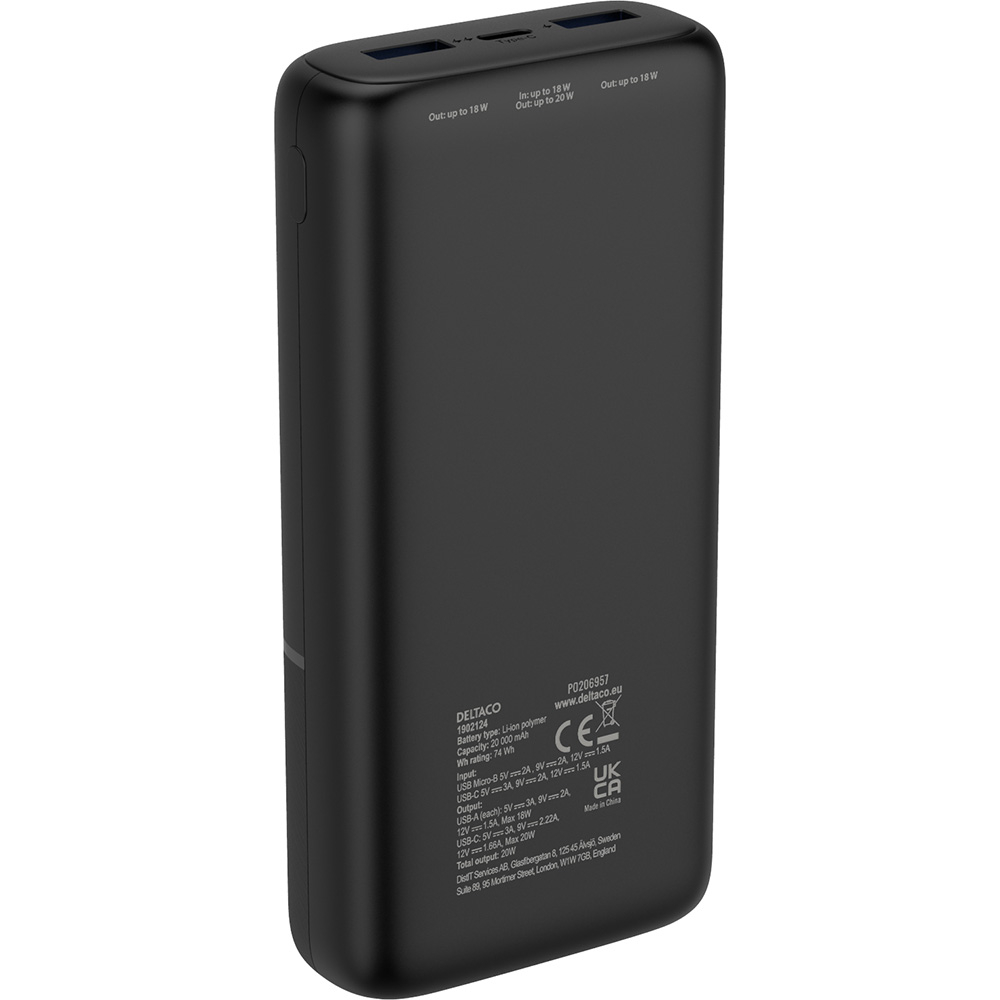 2xUSB+USB-C Powerbank, 20 000 mAh, 20W, svart